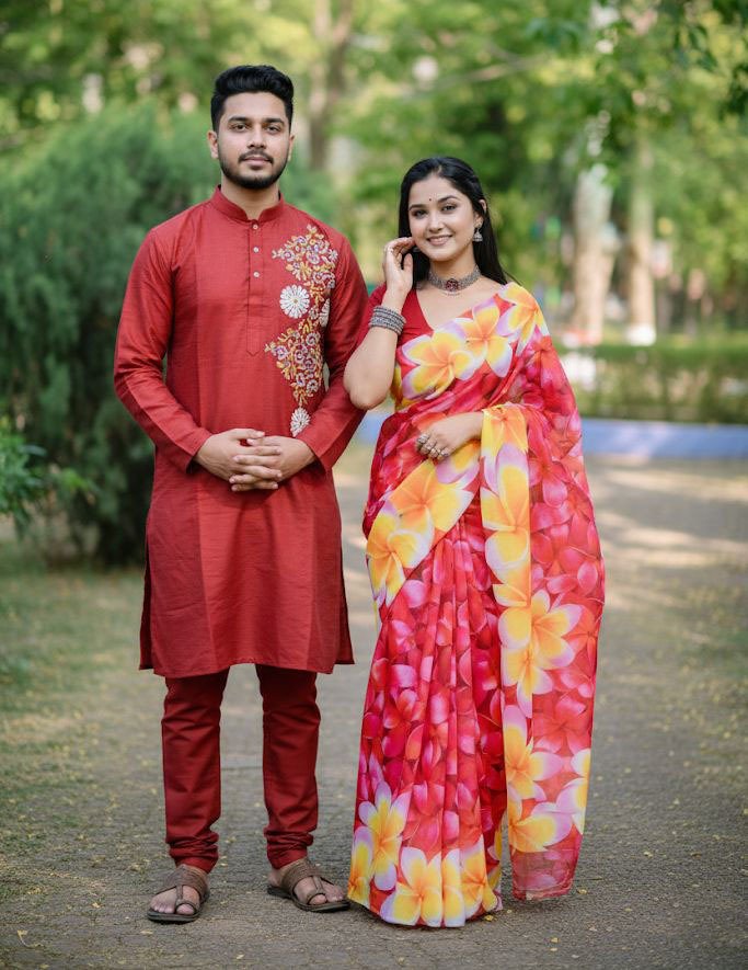 কাপল ড্রেস কালেকশন চান্দুরি সিল্ক শাড়ি ও ধুপিয়ান পাঞ্জাবি